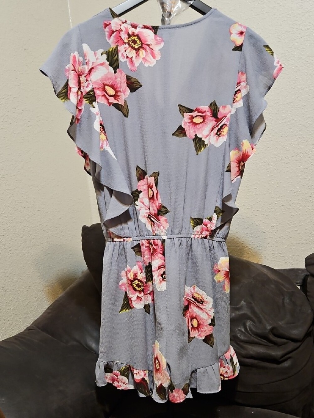 Umgee Gray Floral Wrap Romper with Pink Blooms - Picture 4 of 8